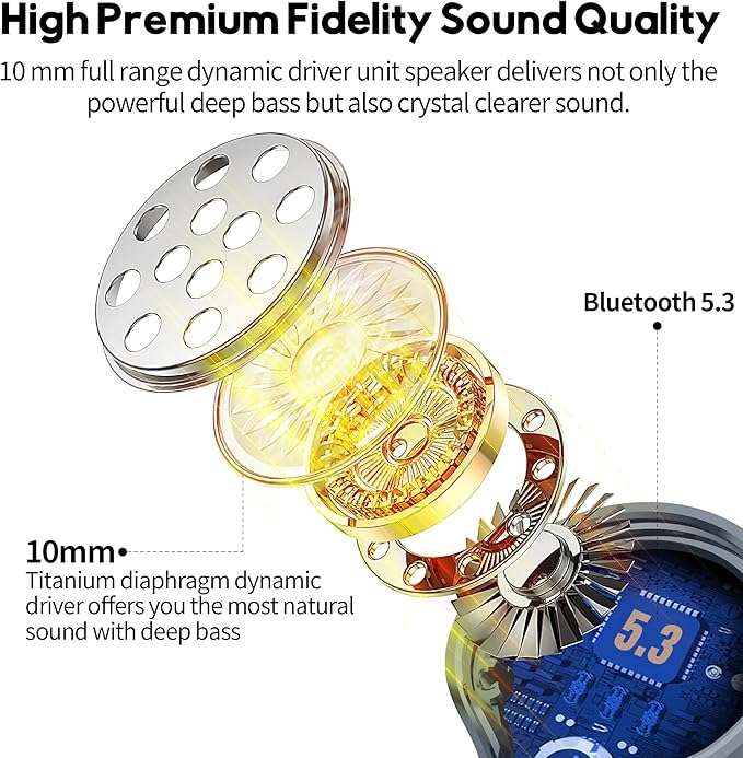 Wireless Earbuds,Immersive Sound Premium Deep Bass Hi-Fi Stereo Headset IPX8 Waterproof Bluetooth 5.3 with 4 Mics Call Noise Cancelling Wearable Technology Rings Earphones for iOS,Android,Workout