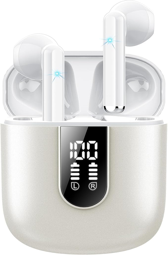 Jesebang Wireless Earbuds, Bluetooth 5.4 Headphones HiFi Stereo, Bluetooth Earbuds with ENC Noise Cancelling Mic, 36H LED Display Ear Buds, IPX7 in Ear Earphones for Phone Tablet Laptop Sports, White