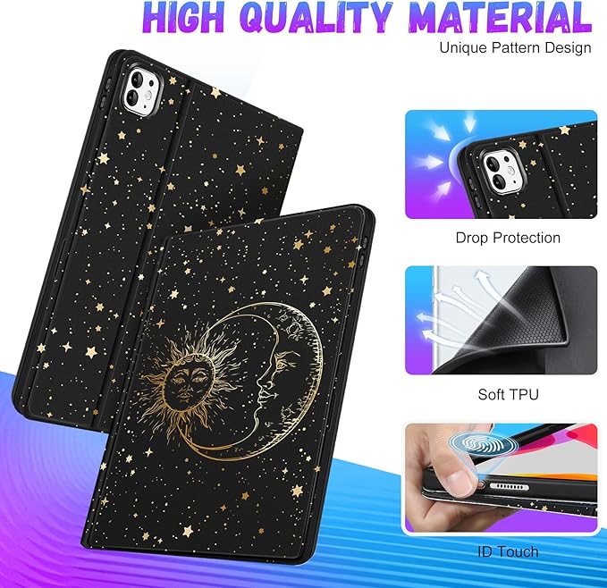 Uppuppy for iPad Pro 13 Inch Case 2024 - Women Girls Cute Folio Smart Cover with Pencil Holder Sun Moon Star Black Girly Pretty Unique for iPad Pro M4 13 Inch Cases A2925 A2926 A3007
