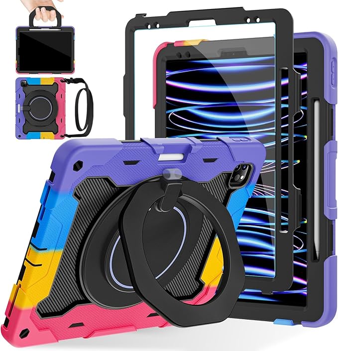 ROISKIN for iPad Pro 12.9 -Inch Case (6th, 5th, 4th & 3rd Gen)with HD Screen Protector, 360 Stand, Handle, Pencil Holder,Shoulder Strap[15ft Drop Protection]Rugged Bulky Full Body 12.9 iPad Pro Case