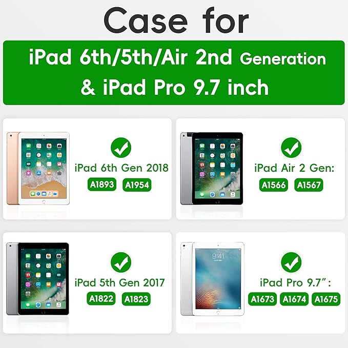 Andnary Case for iPad 6th/5th Generation 9.7 inch 2018/2017 Case, iPad Air 2/Pro 9.7 inch Heavy Duty Protective Cover with 360° Rotate Handle Stand, Pencil Holder, Shoulder Strap (Navy+Blue)