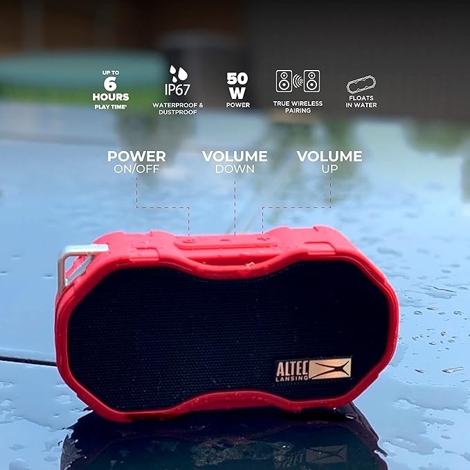 Altec Lansing - Baby Boom Waterproof Bluetooth Speaker, Wireless & Portable for Travel & Outdoor Use, Deep Bass & Loud Sound, 1 Pack (Red)
