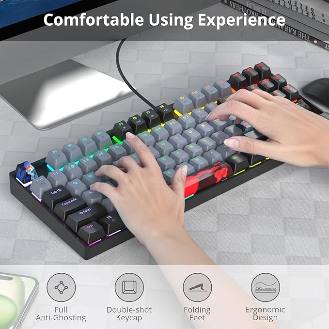 75% Mechanical Gaming Keyboard with Red Switch, RGB LED Backlit Keyboard Grey, 87 Keys Compact TKL Wired Computer Keyboard for Windows Laptop PC Gamer (87 Dolch)