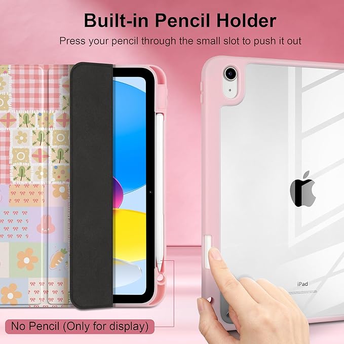 Case for iPad Air 11 inch M4 2026 M3 2025 M2 2024,iPad Air 5th (2022) / 4th (2020) 10.9 Inch Clear Back Shell Lightweight Shockproof TPU Trifold Stand Auto Wake Sleep Cute Cover, Cute Bunny