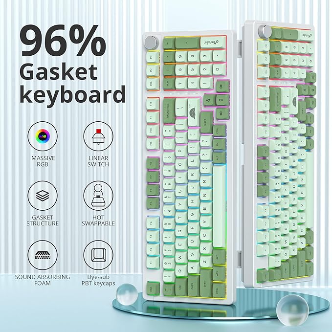surmen Green Creamy Keyboard with with Number Pad, 96% RGB Mechanical Keyboard Full Gasket Mounted Hot Swappable Custom Wired Thocky Keyboards with Knob for Office Gamer (98 Matcha)