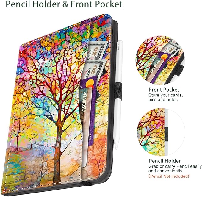 for iPad (A16) 11Th/10Th Generation Case 2025/2022, for iPad Case 11Th/10Th Generation, for iPad 10Th/11Th Gen Cases Pencil Holder/Hand Strap/Pocket/Adjustable Stand, Colorful Tree of Life