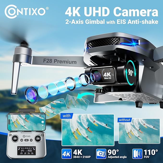 Contixo F28A Premium Drone With 4K Camera, Two-axis Gimbal, 23 Mins Flight Time, 110° Wide-angle, Follow Me, Auto Return, 1000m Control Range, GPS Professional Drones For Adults, Beginner, Teenager