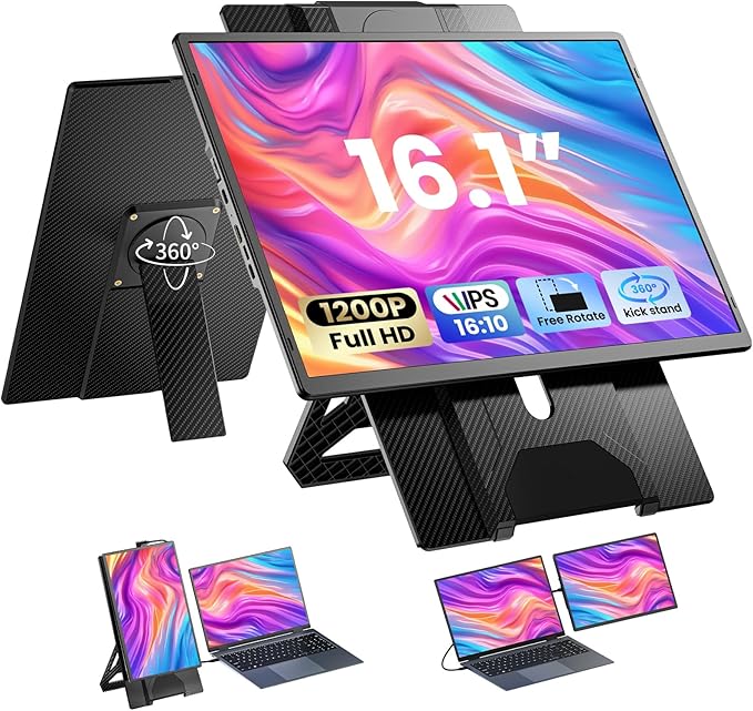 Laptop Screen Extender 16.1", 1200P FHD, Portable Monitor 360° Rotating Detachable Stand, Height Adjustable Monitor Extender for Laptop 13-17.5", Plug-Play for Tablet, PC, Phone, etc