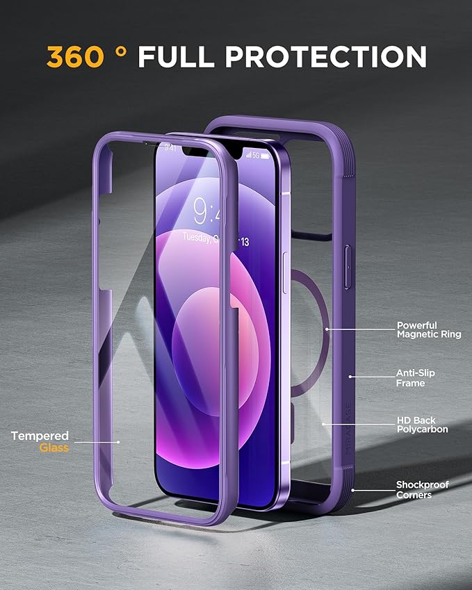 Miracase Glass Series Designed for iPhone 12/12 Pro 6.1 Inch, Upgrade Full-Body Magnetic Case with Built-in 9H Tempered Glass Screen Protector, with Camera Lens Protector, Magnetic Purple