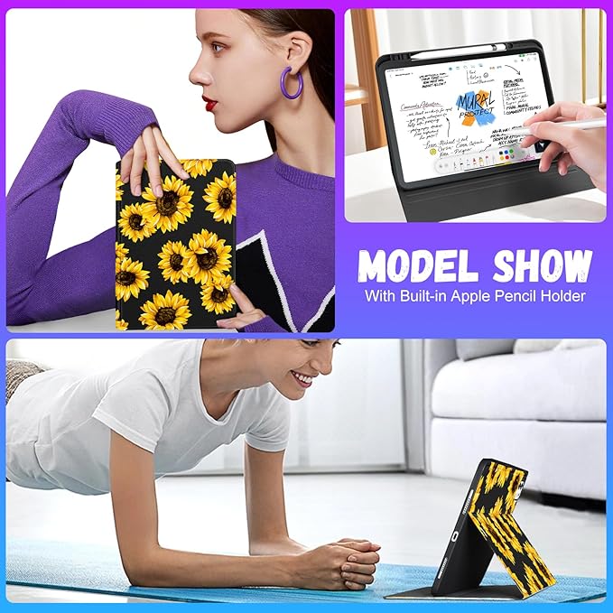 Uppuppy for iPad Pro 13 Inch Case 2024 - Women Girls Cute Folio Smart Cover with Pencil Holder Sunflower Girly Pretty Unique Aesthetic for iPad Pro M4 13 Inch Cases A2925 A2926 A3007