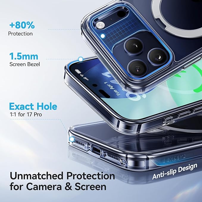 CASEKOO Ultra Magnetic Stand for iPhone 17 Pro Case Clear [Compatible with MagSafe] [16FT Military-Grade Protection] Transparent Slim Phone Ring 17 Pro Phone Cover 6.3 inch, Clear