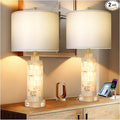 KIVDITZO 27" Alabaster and Wood Table Lamp Set of 2 with Night Light Nightstand Lamps with USB Ports White Linen Fabric Shade Bedside Lamp Decor for Living Room Bedroom Home Office Hotel Bar House