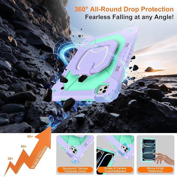 Case for iPad Pro 13 Inch M5 2025/ M4 2024, Ubearkk for iPad Pro 13 Inch case with Screen Protector, 360 Degree Rotating Stand Shoulder Strap Pencil Holder,Military Grade Shockproof, Purple Mint