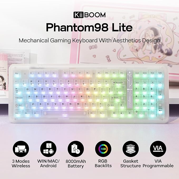 KiiBoom Phantom98 Lite 96% Wireless Mechanical Gaming Keyboard, VIA Programmable, Creamy Keyboard with Gasket, 8000mAh Battery, Hot Swap, RGB Backlits, NKRO for Win/Mac (Clear, Mossy Silent Switch)