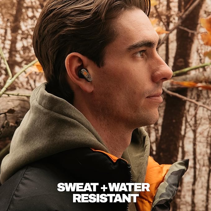 Skullcandy Dime Evo Wireless Earbuds, Bluetooth Headphones, Noise Isolating Fit, Up to 36 Hours Battery, Microphone, Easy Carry with Clip-Anywhere Case - Realtree APX Black/Orange