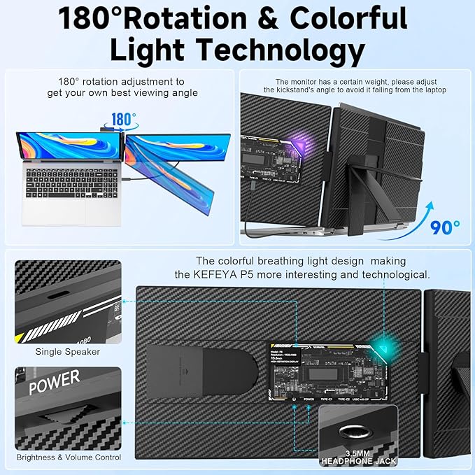 KEFEYA Laptop Screen Extender, 15.6" FHD 1080P IPS Laptop Monitor Extender Detachable, Portable Monitor for Laptops 13-17.3" with Breath Light, Plug n Play for Windows/Mac/Android/Switch/PS5