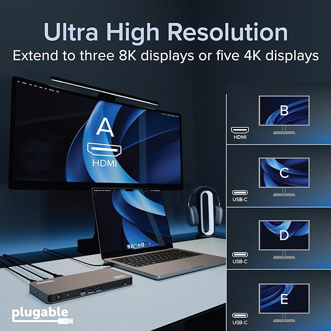 Plugable USB C Docking Station 5 Monitors, 140W DisplayLink Dock Connects up to Five 4K Displays for MacBook Windows Thunderbolt 4 Laptops, 2X HDMI, 3X USBC 2.5Gbps Ethernet, Driver Required DL7400