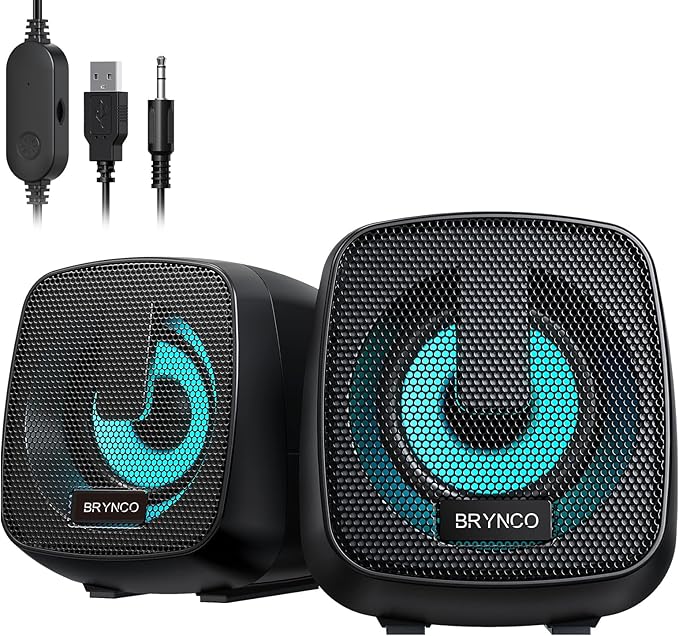 Computer Speakers for Desktop PC, 2.0 Stereo USB-Powered Speakers with 3.5mm AUX, in-Line Volume Control with LED Lights, Compact Plug and Play Speakers for Students, Teens, Monitor, Laptop