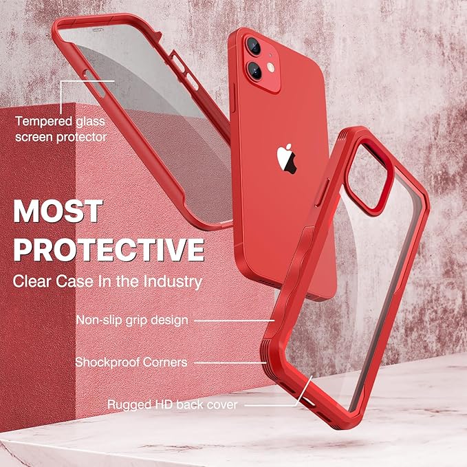 CENHUFO Privacy for iPhone 12 Case/iPhone 12 Pro Case, Full Body Phone Case with Built-in 9H Tempered Glass Privacy Screen Protector and Camera Lens Protector, Shockproof Bumper Clear Cover -Red