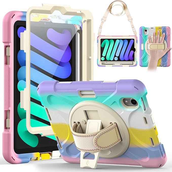 Gerutek Case for iPad mini 7 (A17 Pro) 2024/Mini 6 2021 8.3 inch, Shockproof Cover for iPad mini 7/6th Gen with Screen Protector, 360° Rotating Stand, Hand/Shoulder Strap, Pencil Holder-Colorful Pink