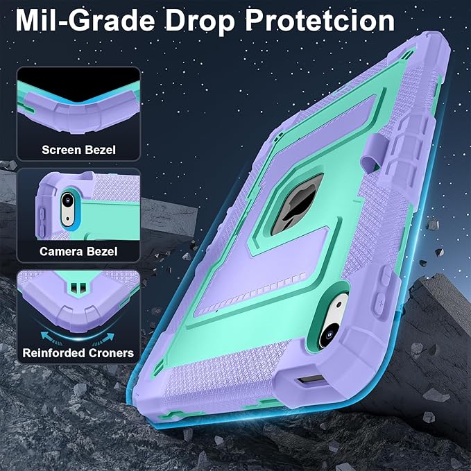 Kids Friendly Case for iPad A16 11th Generation 11 Inch 2025 / iPad 10th Generation 10.9" 2022 Case with Pencil Holder & Shoulder Strap, Hybrid iPad 11 10 Cover Rugged Shockproof Kickstand,Purple+Mint