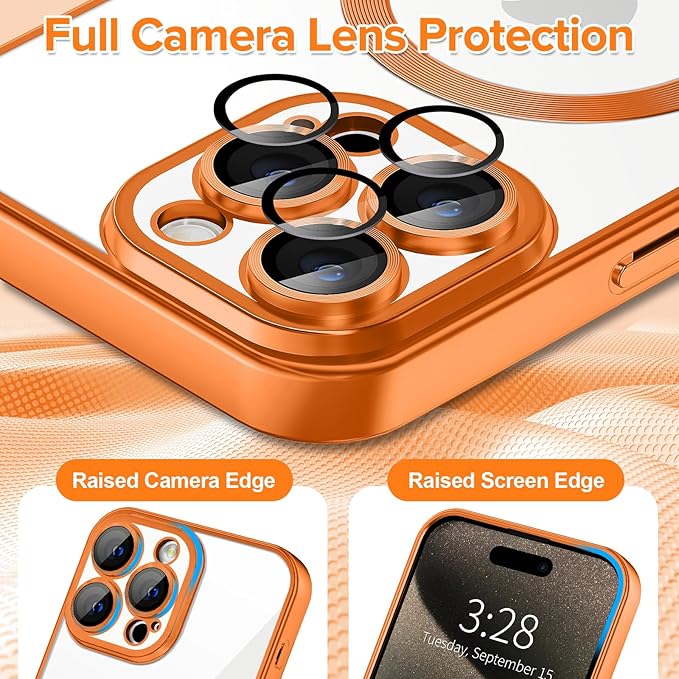 Hython Magnetic Clear for iPhone 15 Pro Max Case with Camera Lens Protector [Compatible with MagSafe] Plating Edge Slim Soft TPU Cover Protective Phone Case for iPhone 15 Pro Max 6.7", Matte Orange