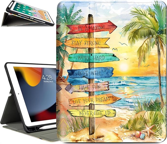 Vimorco for iPad 9th/8th/7th Generation Case 10.2 Inch, for iPad Pro 10.5 Inch Case Pencil Holder/4 Viewing Stands/Typing Stand/Slim for iPad Air 3rd Generation Cases, Beach View Path