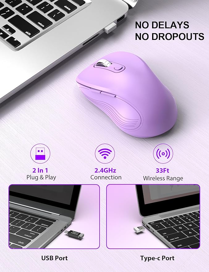 Trueque Wireless Mouse for Laptop, 2.4GHz Ergonomic Computer Mouse with Back & Forward Buttons, 3 Adjustable DPI Levels, 6 Buttons, Optical USB Cordless Mice for Windows PC, M01 (Lavender)