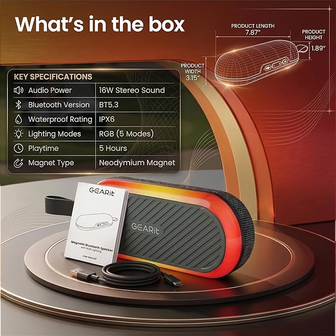 GEARit Magnetic Golf Cart Bluetooth Speaker, 16W Loud Waterproof Portable Speaker, Wireless BT5.3 Golf Audio with RGB Light, TWS Pairing for Outdoor, Beach, Golf Accessories Gifts for Men