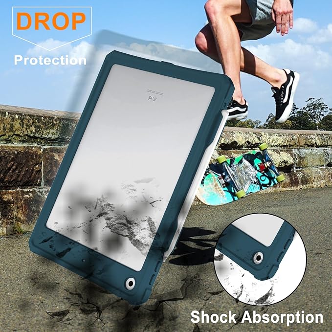 iPad 9th 8th 7th Generation Case Waterproof, Full Body Protective Shockproof Case with Built-in Screen Protector, Pencil Holder, Stand, Shoulder Strap for iPad 9th 8th 7th Gen 10.2 inch Teal
