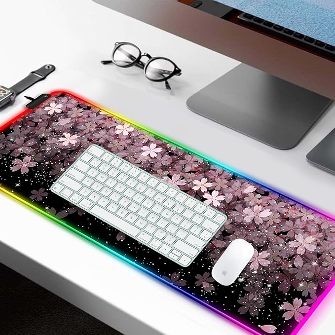 RGB Japanese Cherry Blossom Gaming Desk Mat, Computer Keyboard Large Extended Flowers LED Mouse Pad for Office and Home, 31.5×11.8 Inches, XL, Black