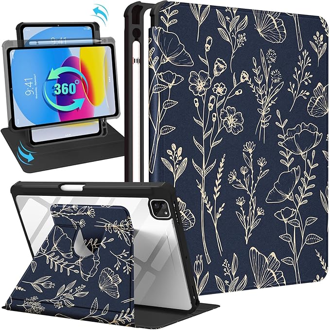 Uppuppy for iPad Pro 12.9 Case Folio Cover with Pencil Holder Women Cute Girls Floral Girly Flower Pretty Teens Unique Fashion Rotating Stand for Apple iPad Pro 12.9 Inch Cases 2022/2021/2020/2018