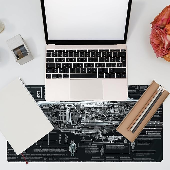 Large Gaming Mouse Pad for Desk, Spaceship Detailed Blueprint Desk Mat, Spacecraft Assembly Diagram Desk Pad, 31.5"x15.7" Extended Big Keyboard Mouse Pad with Non-Slip Base and Stitched Edge