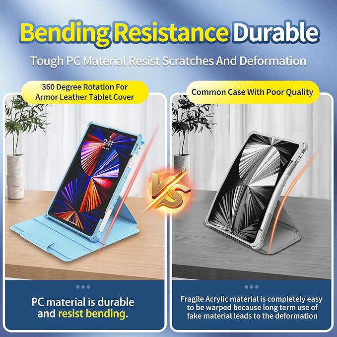 Rotating Case for iPad Pro 12.9" 6th/5th/4th Gen 2022/2021/2020 Smart Cover with Pencil Holder, Techcircle Hybrid TPU+PC Magnetic Cover Soft Bumper Slim Folio Shockproof Protective Case-Light Gray