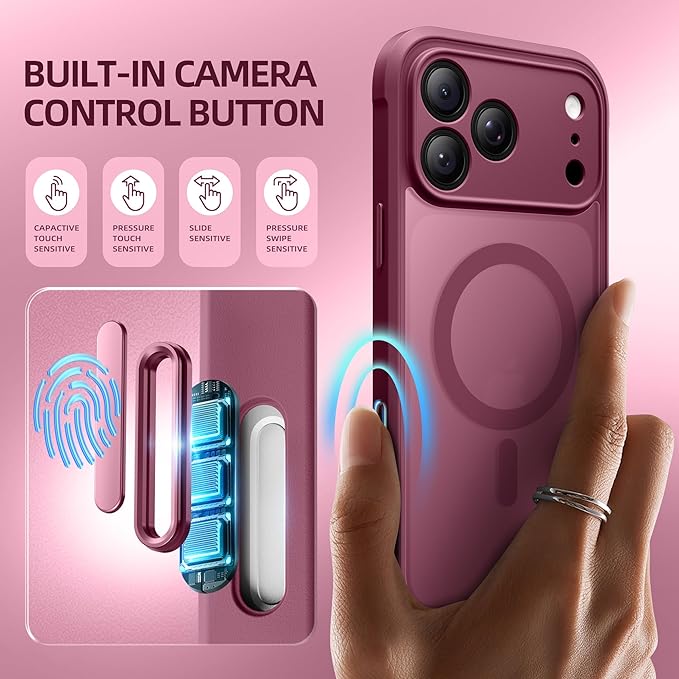 BERFY for iPhone 17 Pro Max Case, Compatible with MagSafe, Built-in Privacy Screen Protector, Camera Protection, Shockproof Full Body Phone Case 6.9", Translucent Deep Red