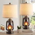 Farmhouse Lantern Table Lamps for Living Room Set of 2, Vintage Bedroom Resin Lamp with Dual USB Charging Ports, Rustic Retro Bedside Nightstand Desk Lamp, 4 Bulb Included