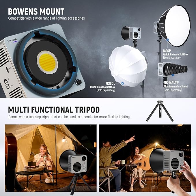 NEEWER 80W LED Video Light with 72Wh Battery/100W PD Fast Charging APP/2.4G Control Portable Bi Color Mini COB Studio Continuous Output Lighting 26500lx/1m 2700-6500K Dimmable CRI95+ 13 Scenes, HB80B