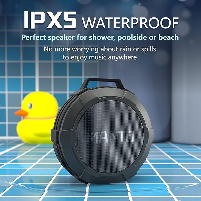 MANTO Bluetooth Speaker IPX5 Waterproof Portable Shower Speaker, 12H Battery, Bluetooth & Micro SD Playback (Up to 32GB, Card Not Included), Compact Design for Travel, Camping, Hiking, and Home