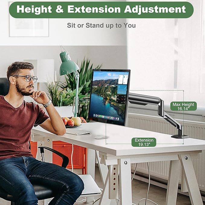 UPGRAVITY Single Monitor Mount Arm for 17" to 32" Computer Screen, Mechanical Spring Adjustable Monitor Desk Mount Stand Holds up to 17.6 lbs, C-Clamp & Grommet Base, max. VESA 100x100mm