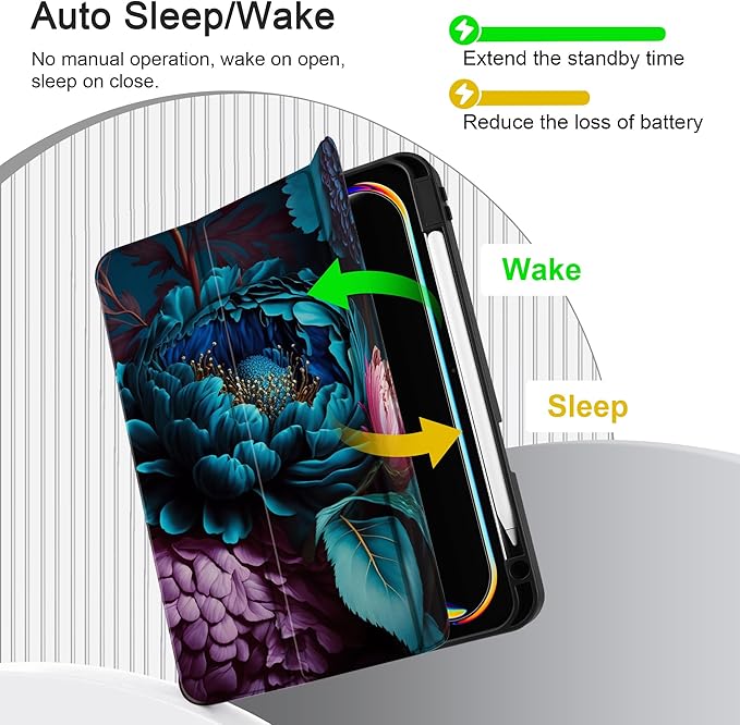 MEEgoodo Case for M5 iPad Pro 11 inch 2025/M4 iPad Pro 11 inch Case 2024, Tablet Cover with Trifold Stand & Pencil Holder & Auto Wake/Sleep & Soft TPU Back Cover, Beautiful Fantasy Flower