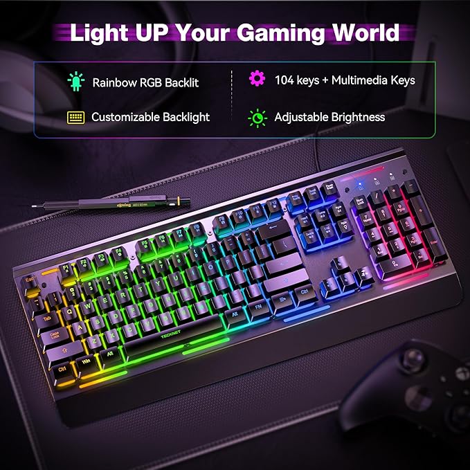 TECKNET Gaming Keyboard, 15-Zone RGB Illumination, All-Metal Panel Keyboard, IP32 Waterproof, 25 Anti-Ghosting, Quiet Typing, USB Wired Ergonomic Keyboard for Windows XP/Vista/7/8/10/11