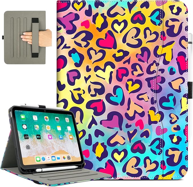 for iPad (A16) 11Th/10Th Generation Case 2025/2022, for iPad Case 11Th/10Th Generation, 10Th/11Th Gen iPad Cover Pencil Holder/Hand Strap/Pocket/Adjustable Stand, Love Leopard