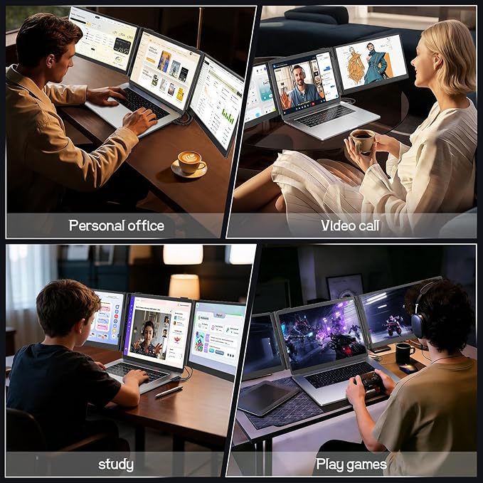 Laptop Screen Extender, 14'' FHD 1080P Ultra-Slim Triple Portable Monitor for Laptops, Two Cable USB-C Travel Monitor Extender Plug & Play for 13"-17" Laptop, Compatible with Wins/Mac/Android/Chrome