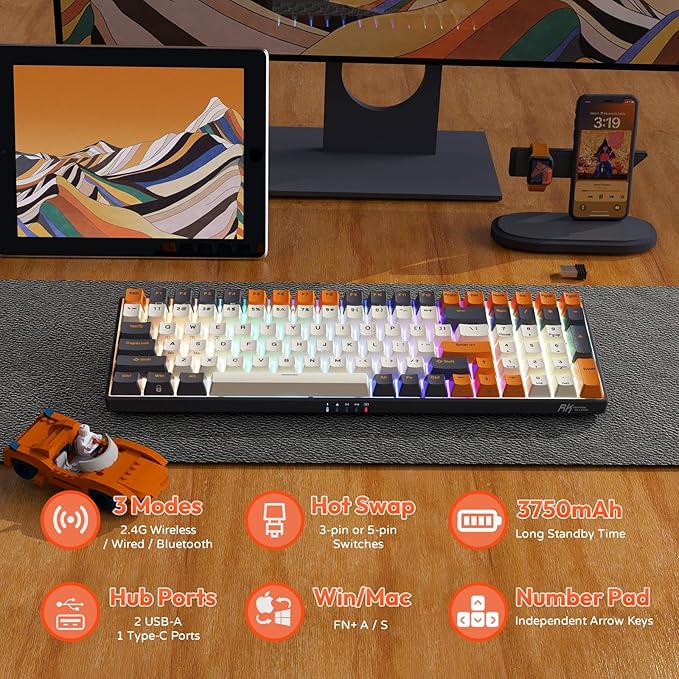 RK ROYAL KLUDGE RK100 Wireless Mechanical Keyboard RGB Backlit Bluetooth5.1/2.4G/Wired 96% Full Size 100-Key Hot Swappable Gaming Keyboard Red Switch Carbon