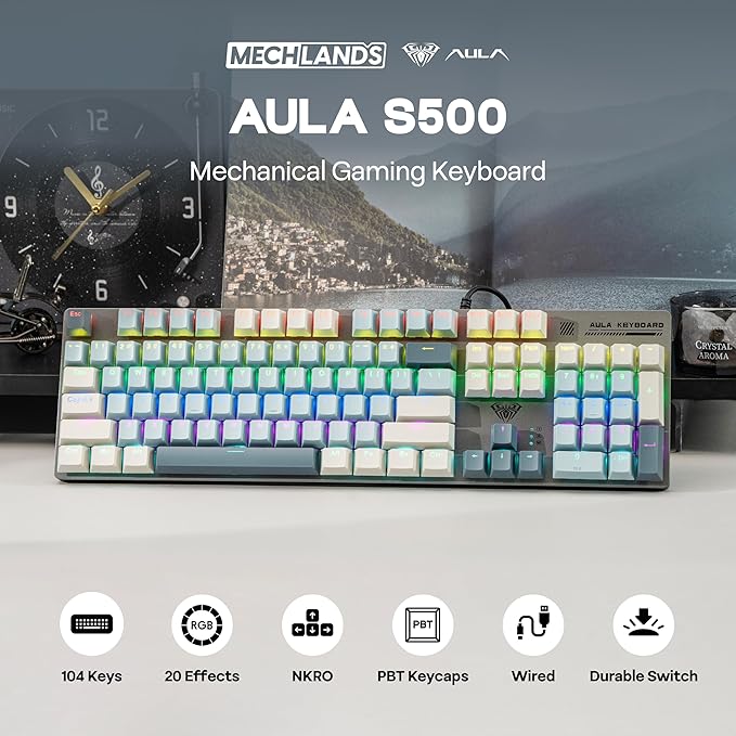 MechLands Aula S500 Wired Gaming Keyboard, 100% Full Size Mechanical Keyboard with Number Pad, 104 Keys, NKRO, RGB Backlits, Shine Through Keycaps, Ergonomic for PC E-Sports (Black&Blue, Blue Switch)