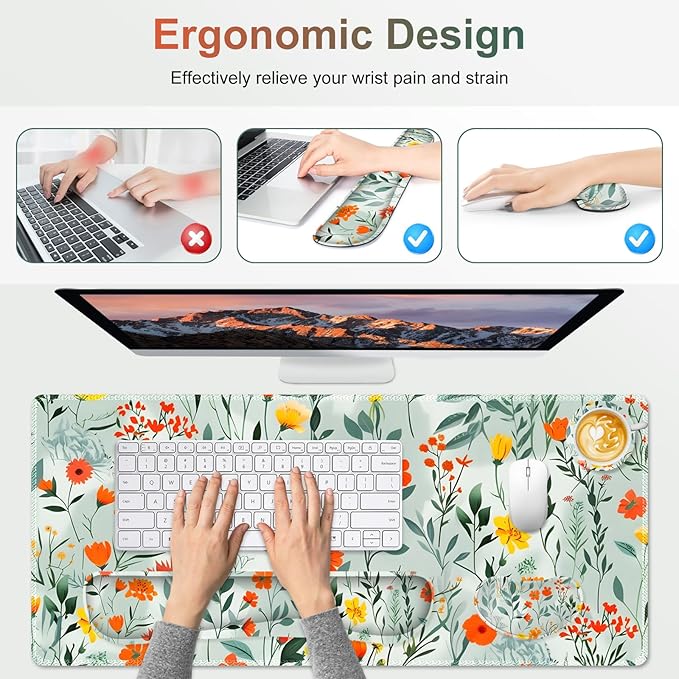Large Gaming Mouse Pad Set, 4 in 1 Ergonomics Keyboard Desk Mat Memory Foam Wrist Rest, Computer PC Extended Game Mousepad, Non-Slip Desk Matt Easy Typing Pain Relief I Blooming Orange Florals