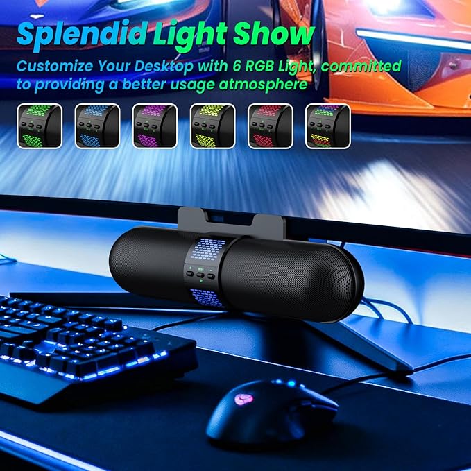 BESTISAN Computer Speaker, Bluetooth 5.3/Wired USB A/C Connection, 6 RGB Light Modes, Gaming Soundbar for PC/Laptop/Desktop, USB A/C Adapter, Loud Sound, Easily Clamps to Monitor, Convenient Controls
