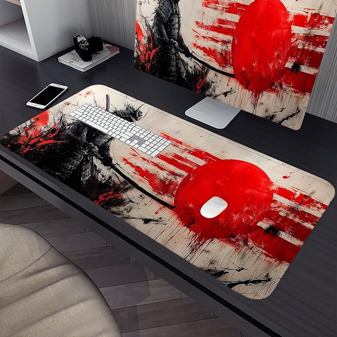 Japanese Samurai Desk Mat Anime Graffiti Large Gaming Mouse Mat with Stitched Edges,Non-Slip Waterproof Rubber Base Mous Mat 31.5"x11.8" Office Computer Keyboard Laptop Home