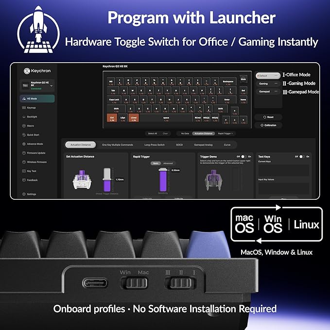 Keychron Q2 HE 8K Wired Hall Effect Gaming Keyboard with Magnetic Switches, 65% Layout, Rapid Trigger, Aluminum Body, Adjustable Actuation, Knob, RGB, Compatible with Mac/Windows/Linux – Black