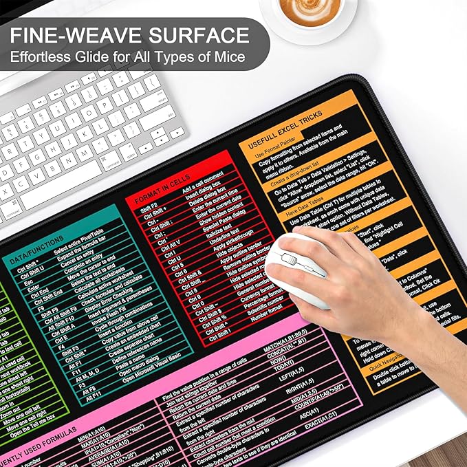 Auhoahsil Large Mouse Pad, XL Gaming Mousepad, Desk Mat for Desktop, Thick Rubber, Big & Long Size, Stitched Edges, Full Desk Pad for Laptop & Computer, Extended 31.5 x 11.8 in, Excel Shortcut